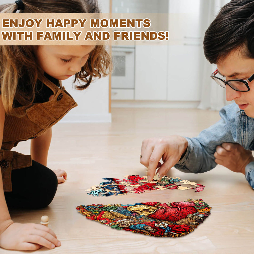 Family and friends enjoying time together while solving the Heart of the City wooden jigsaw puzzle on the floor.