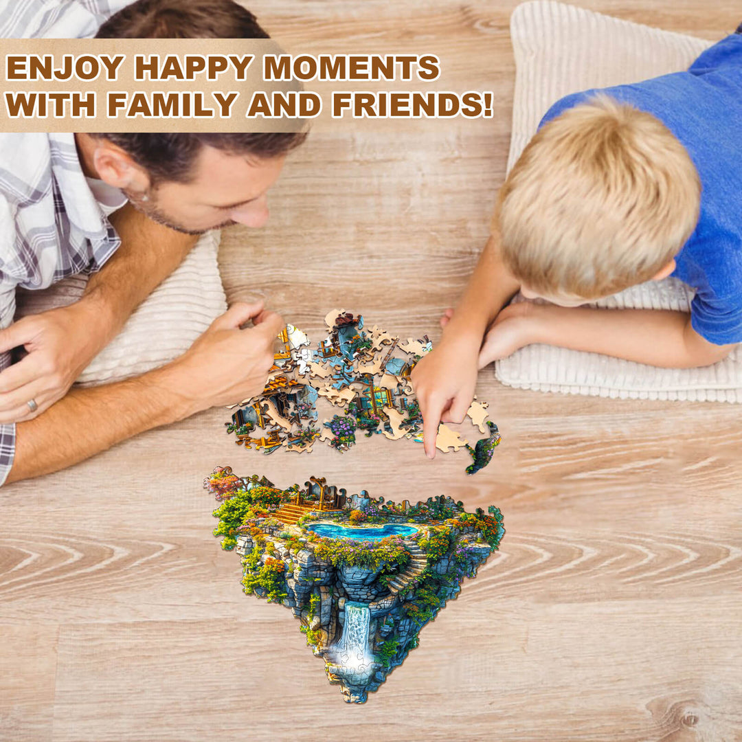 Father and son enjoying quality time together while completing the Floating Haven wooden jigsaw puzzle.