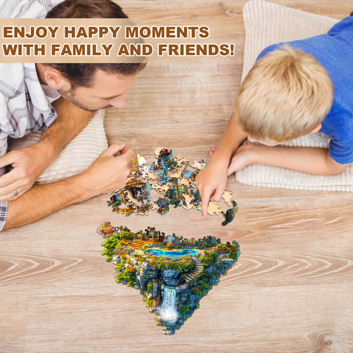 Father and son enjoying quality time together while completing the Floating Haven wooden jigsaw puzzle.