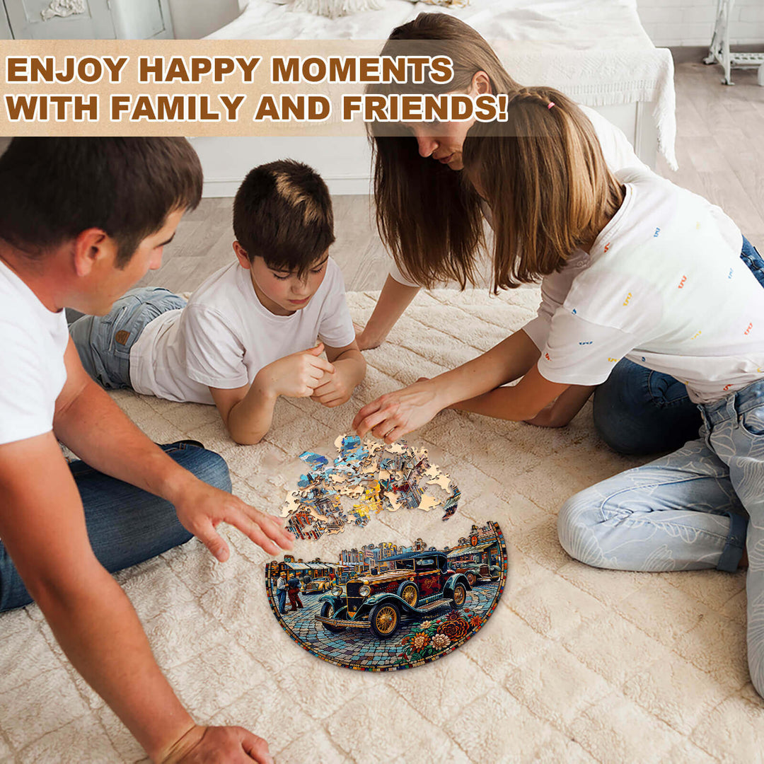 Family enjoying time together assembling a Retro Street wooden jigsaw puzzle for fun and bonding.