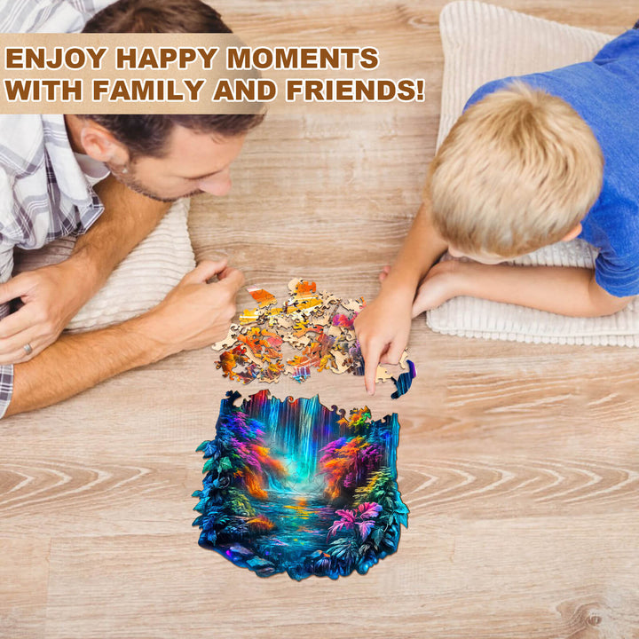 Father and son enjoying quality time together while assembling the Enchanted Flame wooden jigsaw puzzle on a cozy floor.