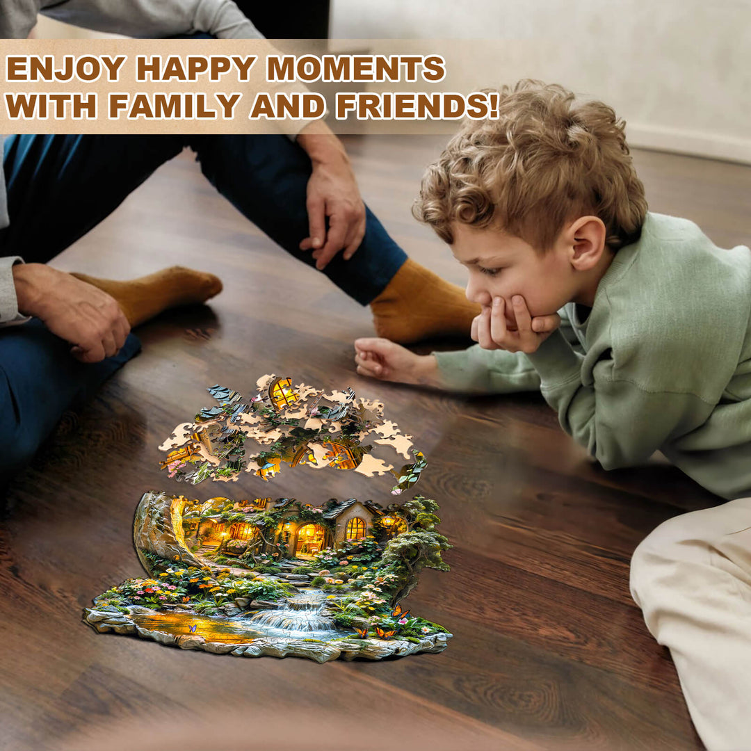 Families enjoying quality time together while assembling the Moonlight Garden-1 wooden jigsaw puzzle.
