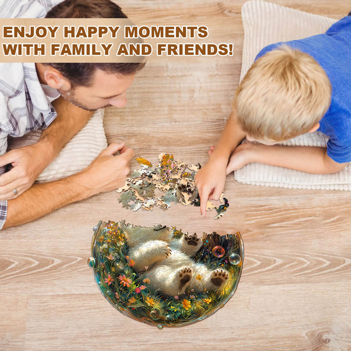 Father and son bonding while solving a Bubble bear wooden jigsaw puzzle on a cozy floor, promoting family time.