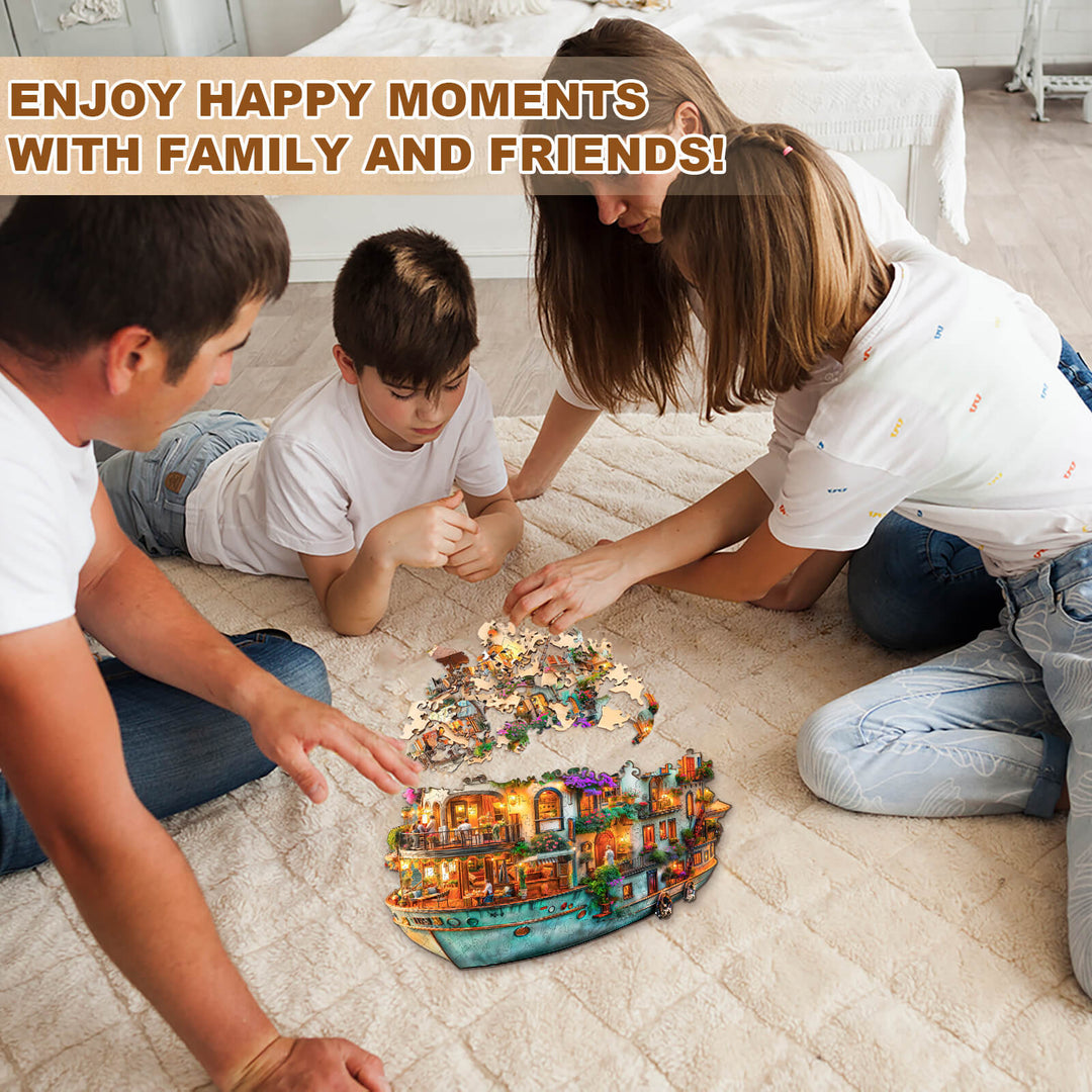 Family enjoying quality time together while assembling the Voyage Garden wooden jigsaw puzzle on a cozy floor.