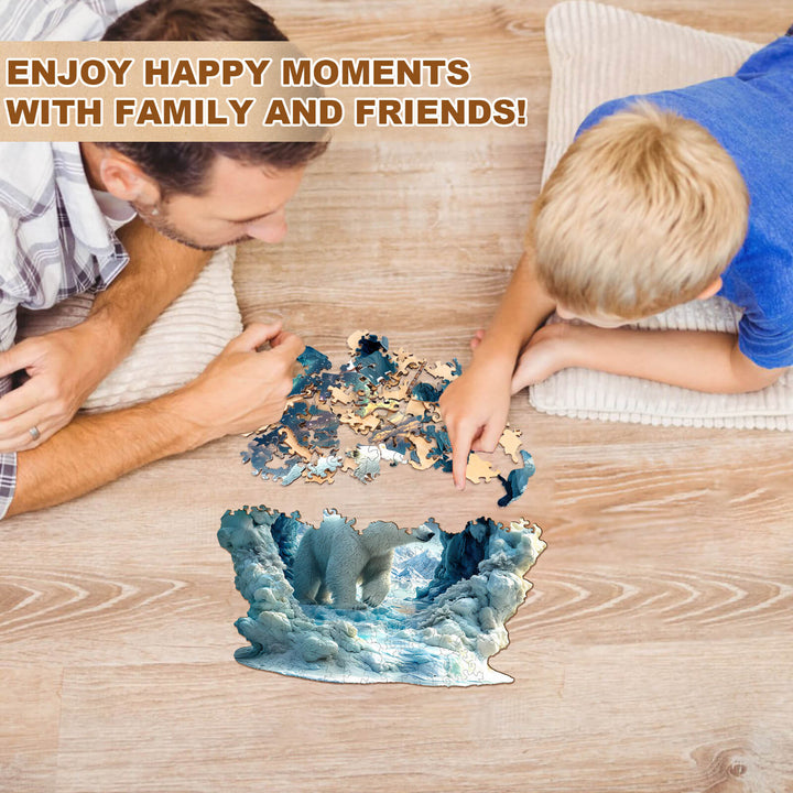 Father and son solving a 3D Arctic Glory wooden jigsaw puzzle together for quality family time.