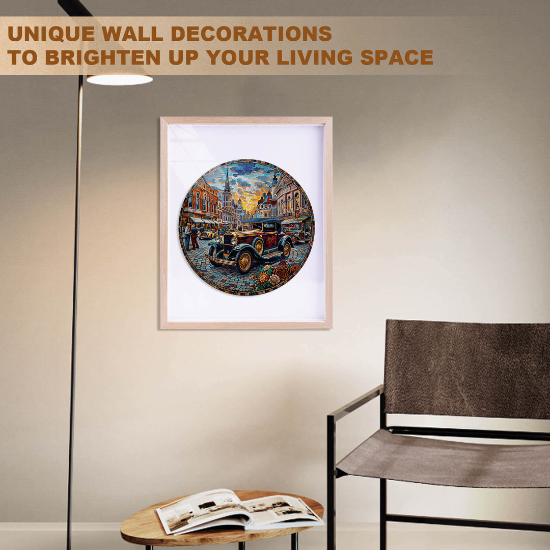 Retro Street jigsaw puzzle art displayed as unique wall decoration in a stylish living space.