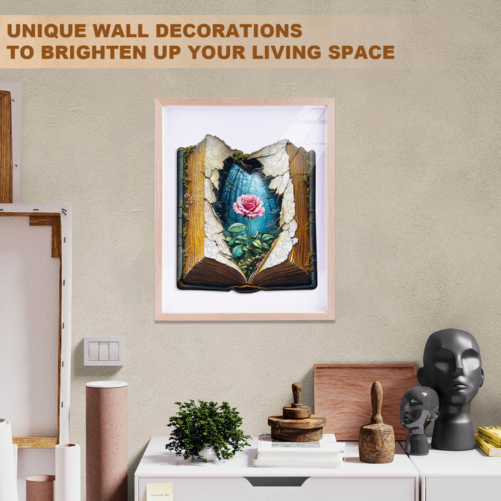 Unique wall decoration featuring an open book with a rose and greenery, designed to brighten living spaces.