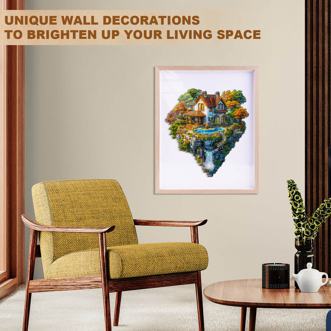 Cozy living space featuring unique wall decorations and a heart-shaped art print of a serene house by a pond.