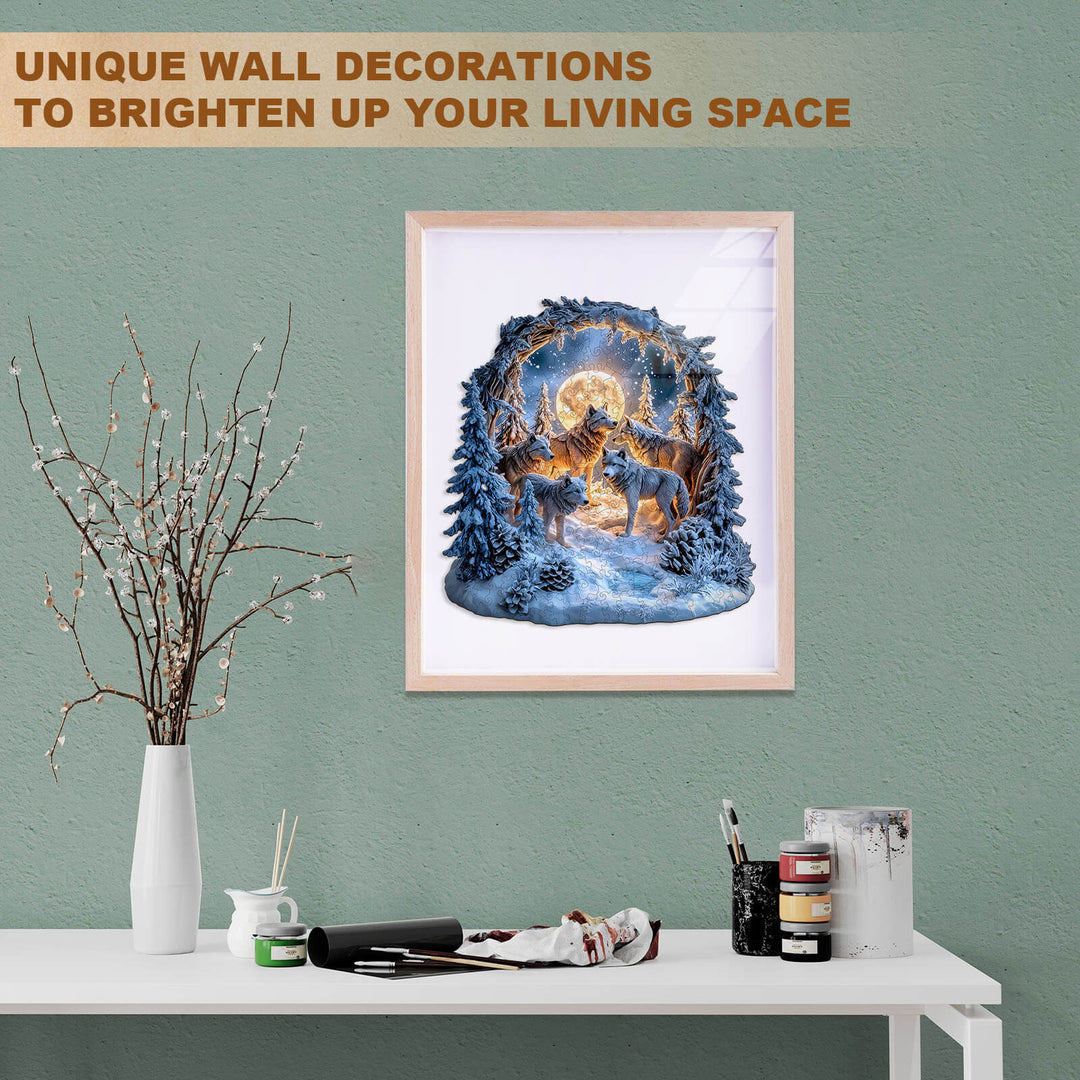 Snowy Night Wolf Pack Wooden Jigsaw Puzzle