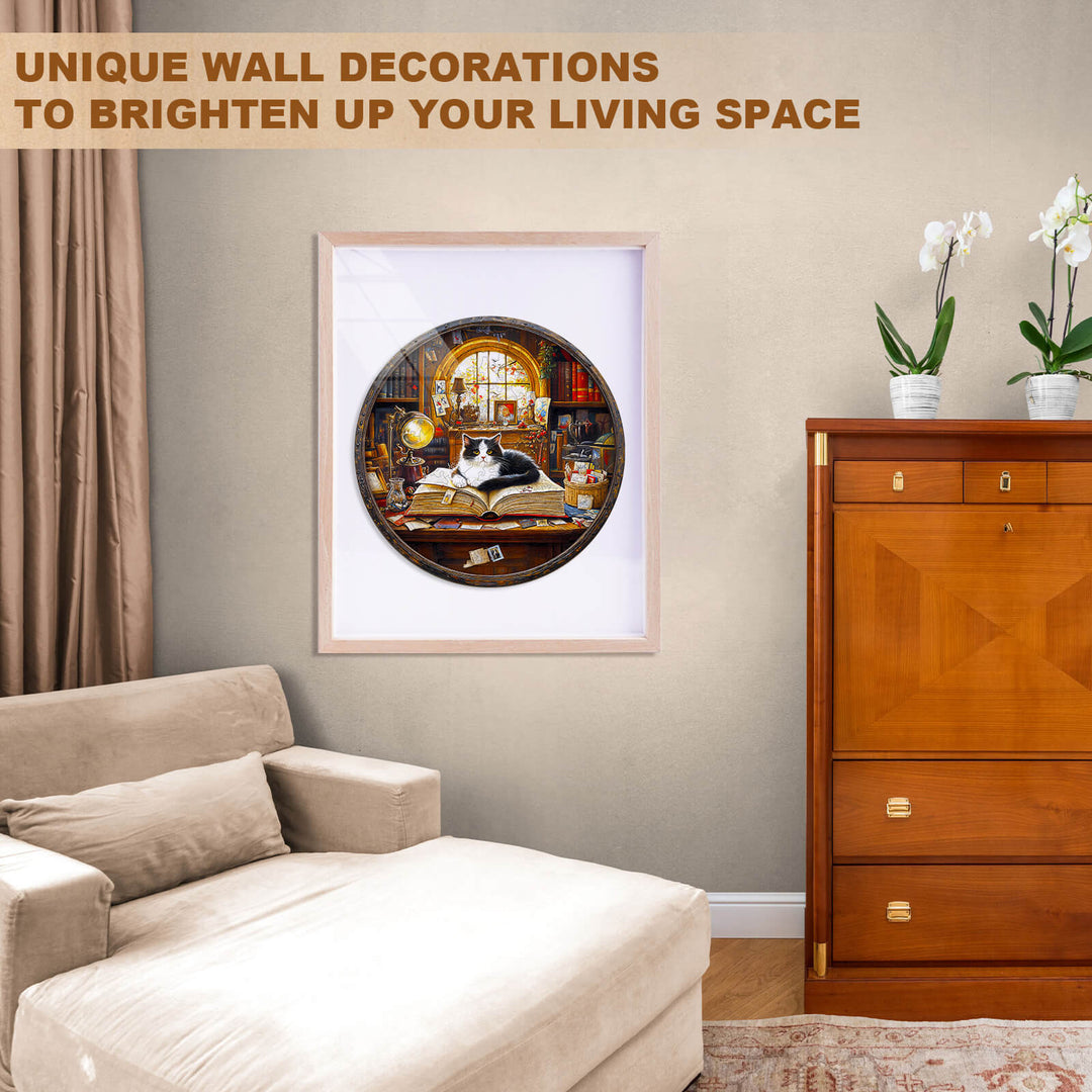 Whiskers Library-2 wooden jigsaw puzzle displayed in stylish living room, perfect for unique wall decorations.