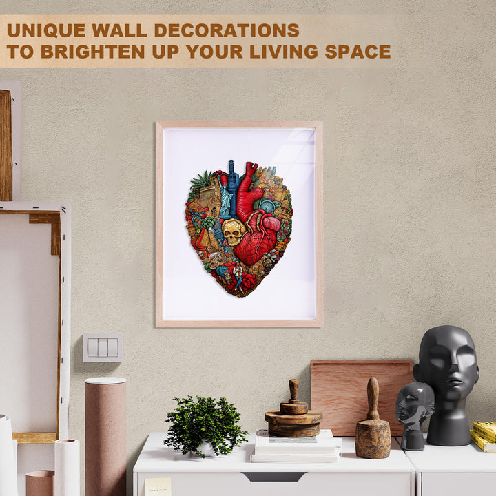 Colorful heart-shaped wall art featuring skulls and vibrant designs, perfect for unique living space decor.