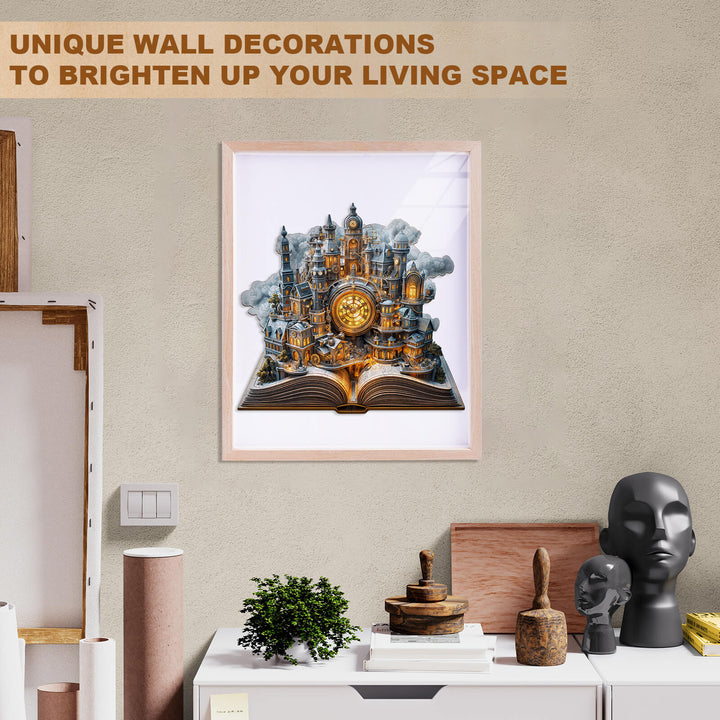 Unique wooden jigsaw puzzle artwork featuring Clockwork City for brightening living spaces.