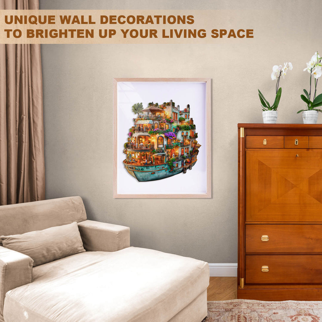 Brightly colored wall art featuring a vibrant houseboat scene, enhancing modern living room decor.