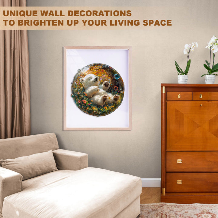 Colorful Bubble Bear wooden wall art in a cozy living room for vibrant home decor.