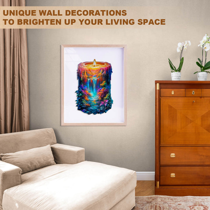 Colorful candle artwork as unique wall decoration in a cozy living space with beige couch and wooden furniture.