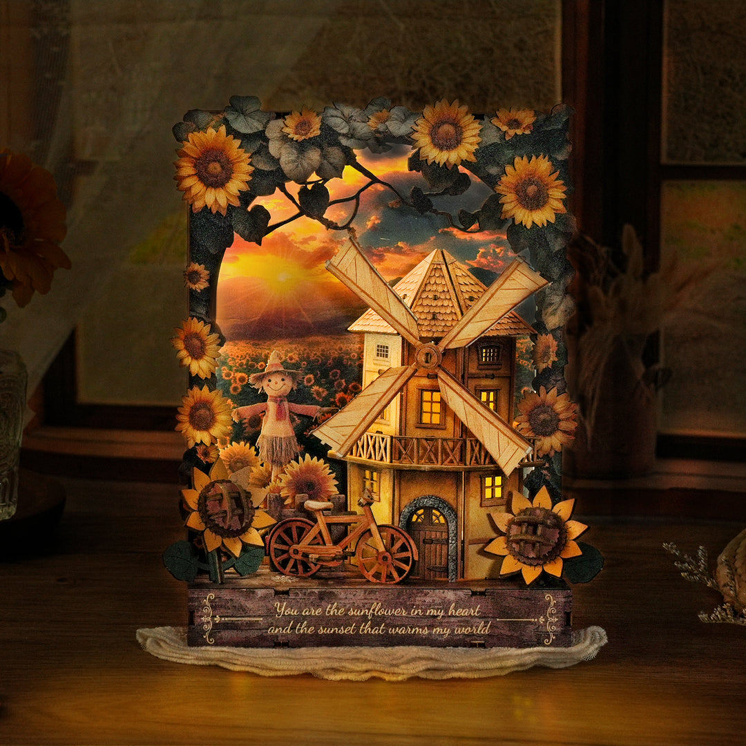 Sunset Sunflower 3D Wooden Puzzle Painting, DIY Wall Art Craft Kit with Light