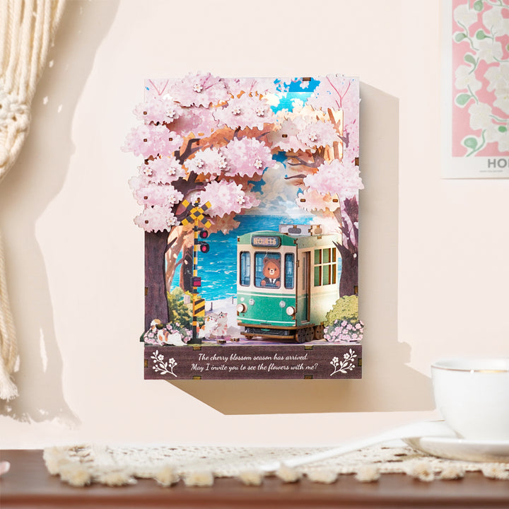 Sakura Journey 3D Wooden Puzzle Painting, DIY Wall Art Craft Kit with Light
