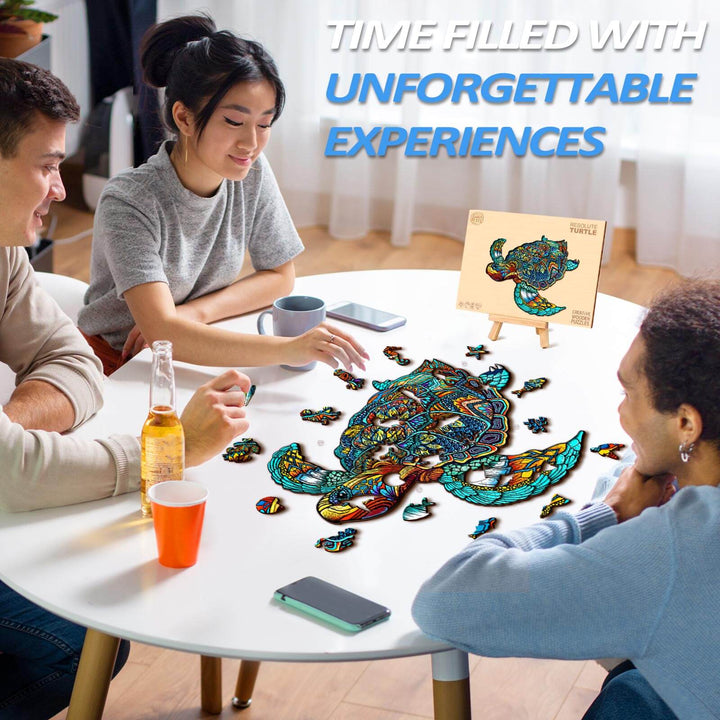 Friends enjoying the Resolute Turtle Wooden Jigsaw Puzzle, showcasing unique shapes and vibrant colors.