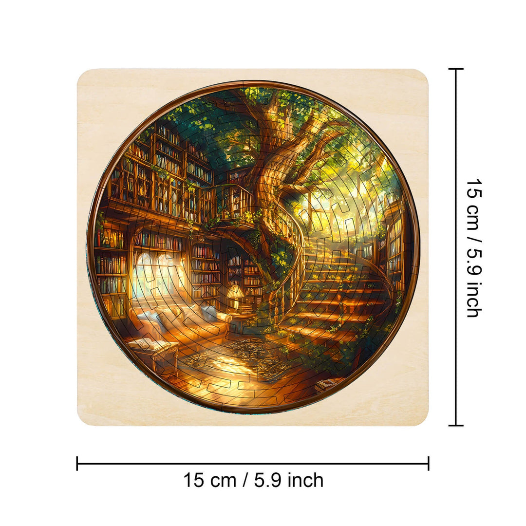 Maze Puzzles—Quiet Library jigsaw puzzle featuring a serene library with a winding staircase and tree, 15 cm / 5.9 inch.