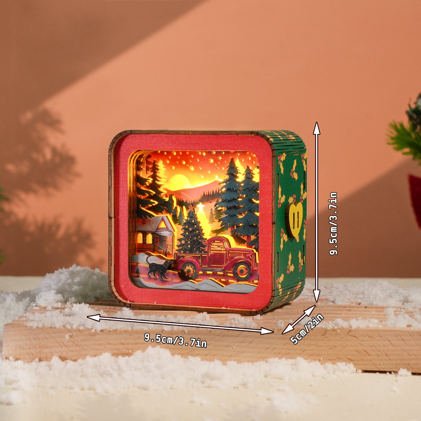 Ready for Christmas - 3D Wooden Puzzle Night Light showcasing vintage truck with Christmas tree in snowy village.