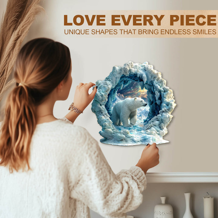 A woman admires the 3D Arctic Glory wooden jigsaw puzzle featuring a polar bear, showcasing unique puzzle shapes for endless fun.