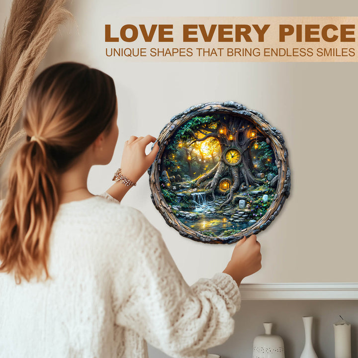 Person enjoying the Magic Time Tree Wooden Jigsaw Puzzle, focusing on unique shapes and captivating details.