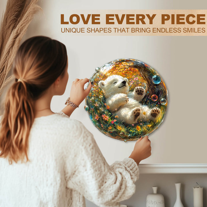A woman assembling a Bubble bear wooden jigsaw puzzle, showcasing unique shapes and vibrant colors for endless fun.