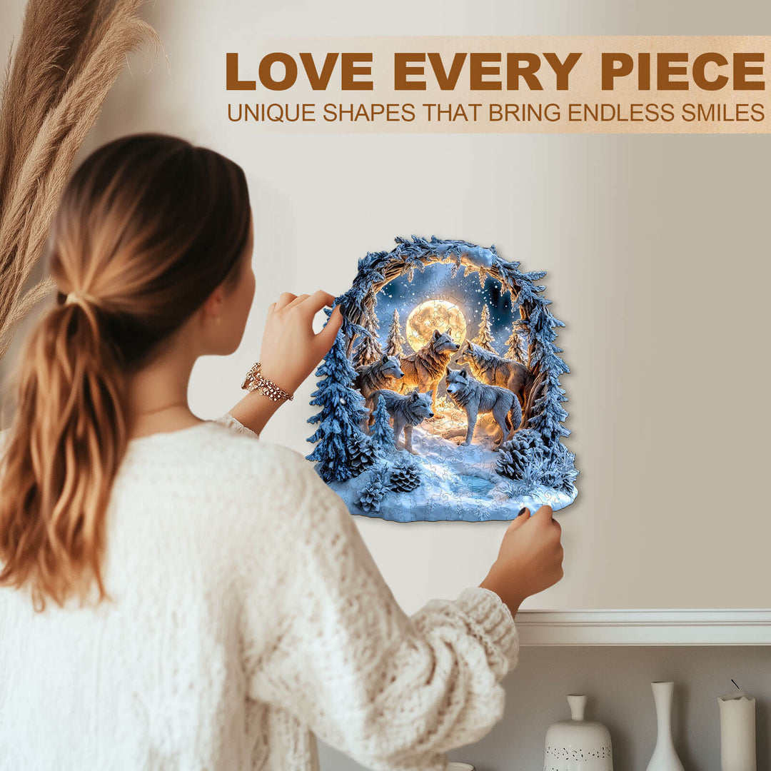 Snowy Night Wolf Pack Wooden Jigsaw Puzzle