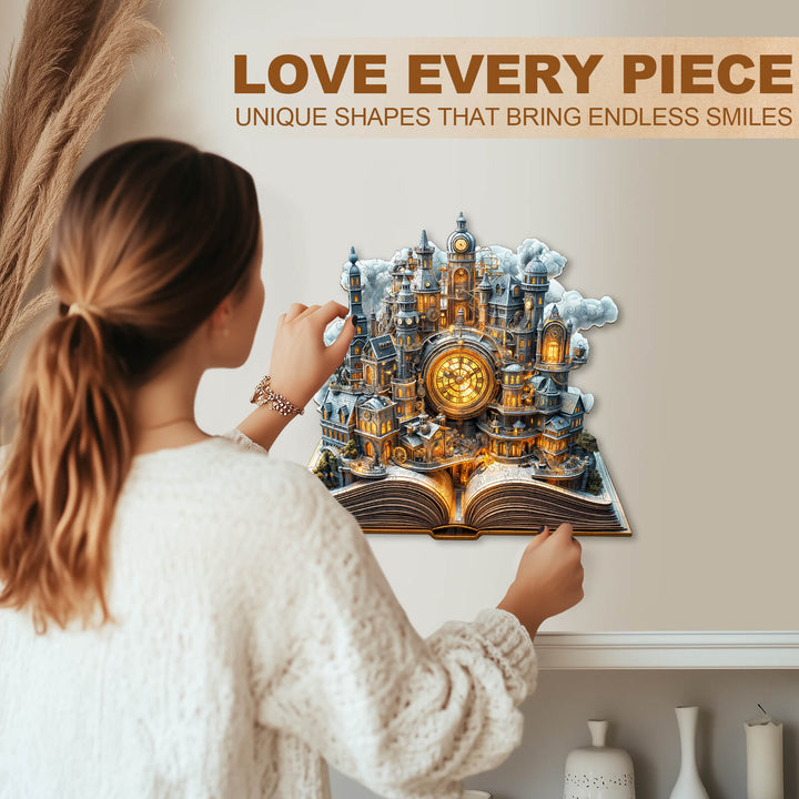 Person assembling Clockwork City wooden jigsaw puzzle showcasing unique shapes and vibrant colors for mind engagement.
