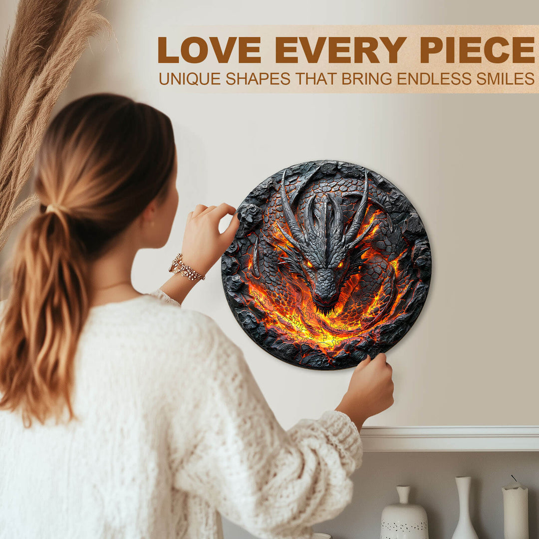 Woman assembling a 3D flame wall dragon wooden jigsaw puzzle for fun and focus.