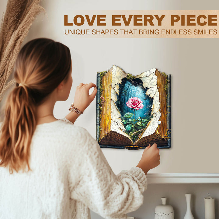 Woman with long hair admiring the Blooming Story wooden jigsaw puzzle featuring a rose and forest design.