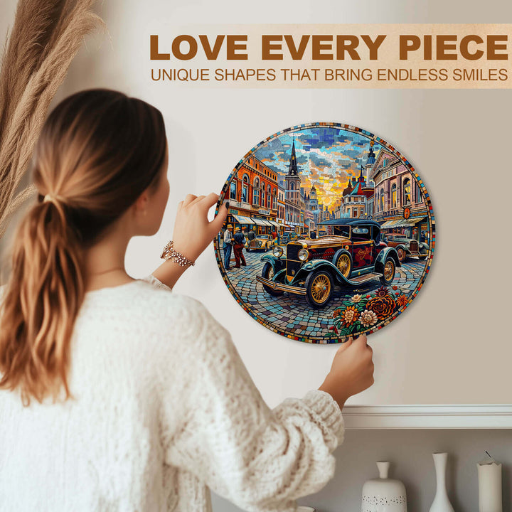 Person assembling a round Retro Street wooden jigsaw puzzle featuring a classic car and vibrant city scene.