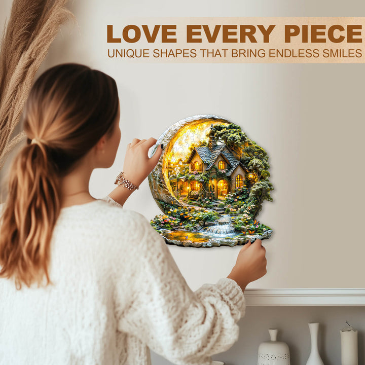 Person admiring the Moonlight Garden-1 wooden jigsaw puzzle, showcasing unique shapes and beautiful artwork.