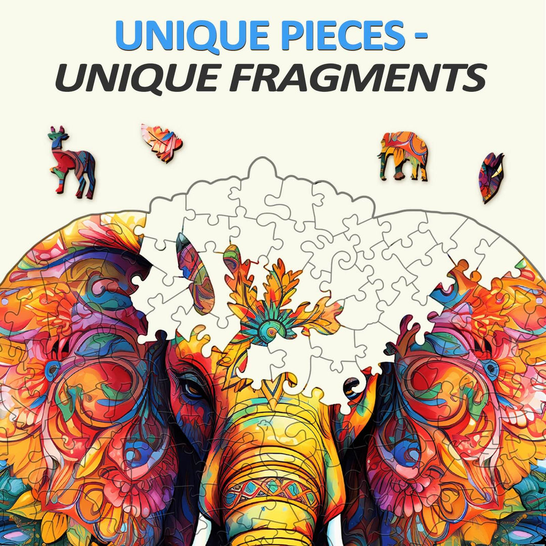 Close-up of unique shaped pieces from the Mandala Parent-Child Elephant wooden jigsaw puzzle.