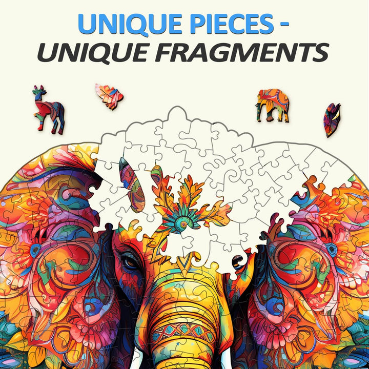 Close-up of unique shaped pieces from the Mandala Parent-Child Elephant wooden jigsaw puzzle.