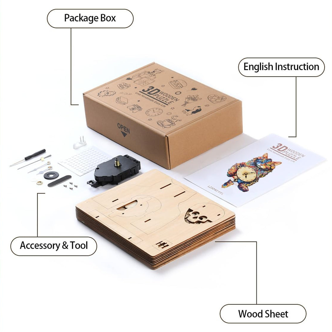 Maine Coon DIY Wooden Clock, 3D Puzzle Craft Kit