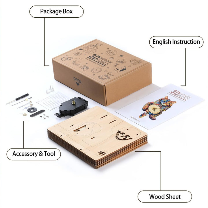 Maine Coon DIY Wooden Clock, 3D Puzzle Craft Kit