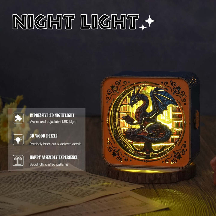 Library Dragon  - 3D Wooden Puzzle Night Light Kit