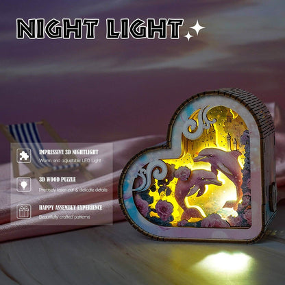Dolphins and Fantasy Ocean - 3D Wooden Puzzle Night Light