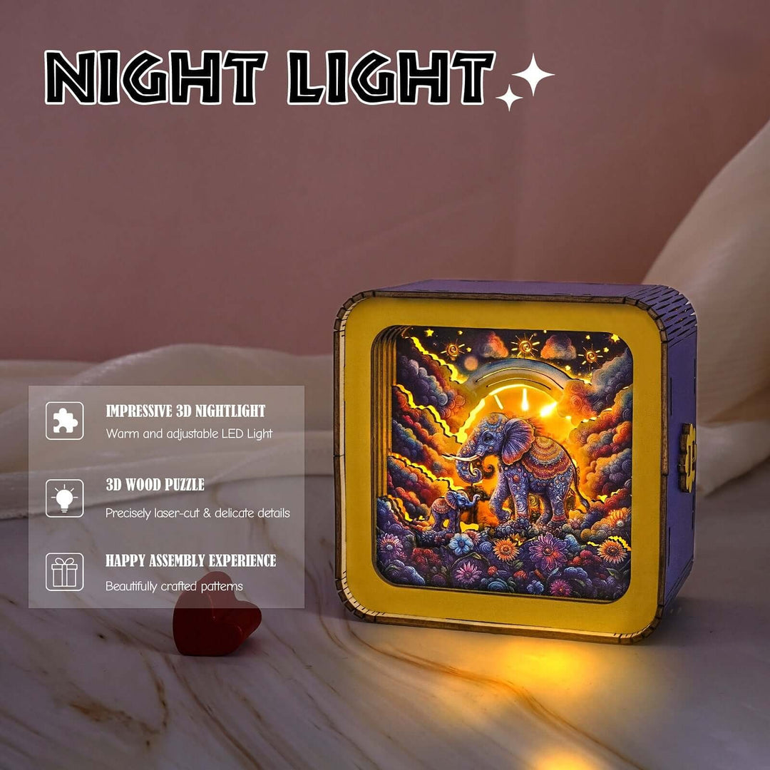 Elephant Family Time - 3D Wooden Puzzle Night Light Kit
