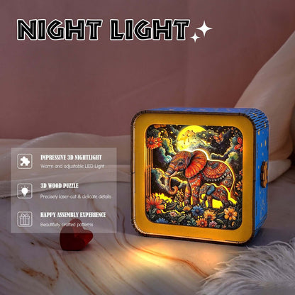Elephant Family Under The Moon - 3D Wooden Puzzle Night Light