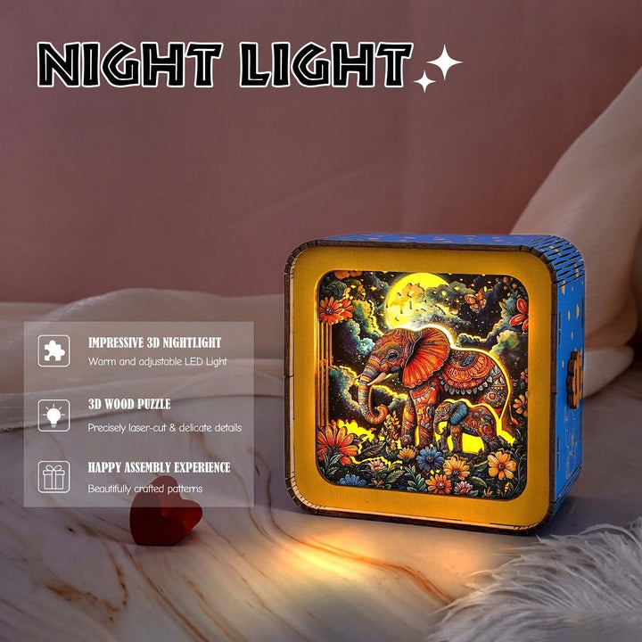 Elephant Family Under The Moon - 3D Wooden Puzzle Night Light Kit