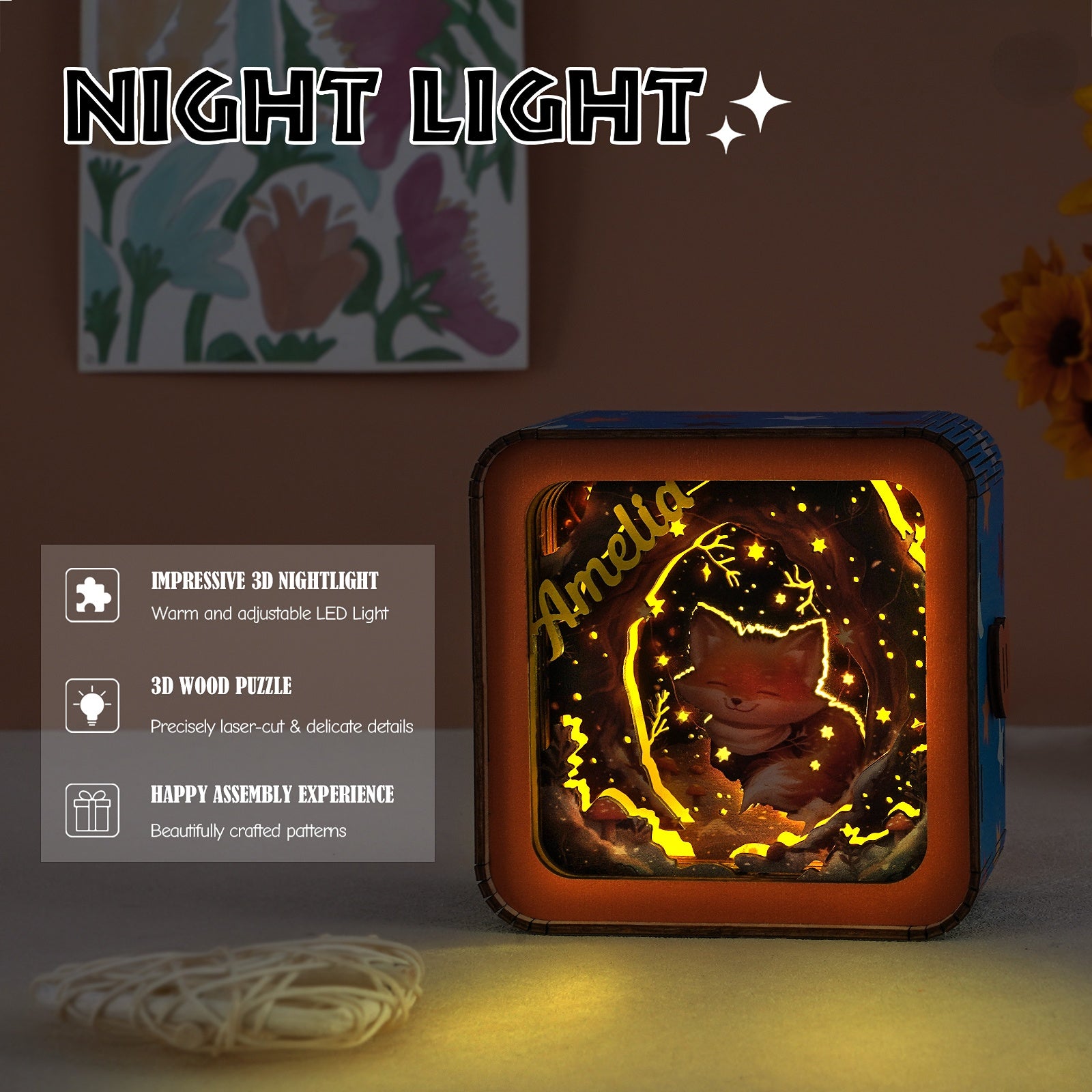 Cute Little Fox - Personalized 3D Wooden Puzzle Night Light Kit For Kids